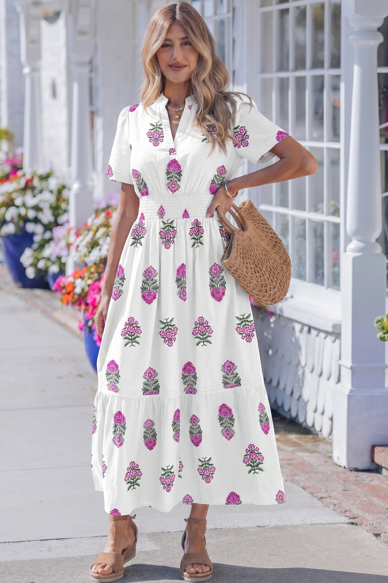 White Floral Print Split Neck Shirred High Waist Ruffle Hem Maxi Dress