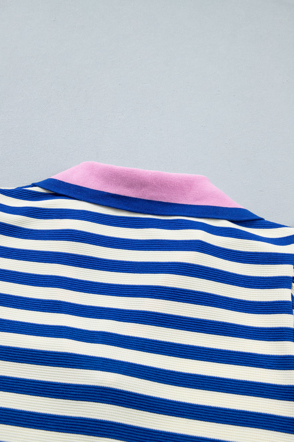 Blue Stripe Contrast Trim Polo Collar Ruffled Short Sleeve Blouse