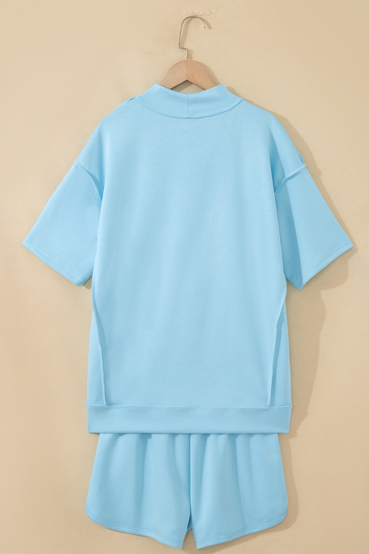 Mist Blue Solid Color Exposed Seam Mock Neck Oversize Tee Casual Shorts 2pcs Outfit