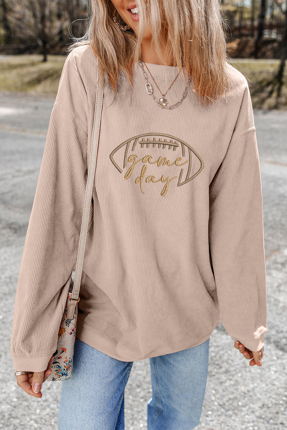 Apricot Rugby Game Day Embroidered Corduroy Sweatshirt