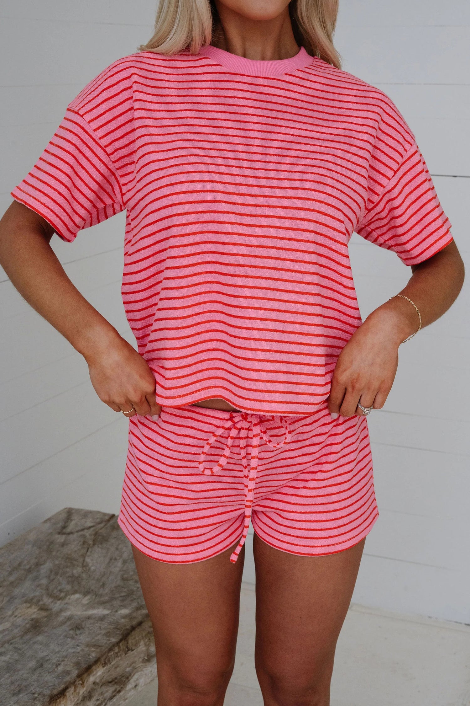 Rose Stripe Side Split Knit Tee Drawstring Shorts Set