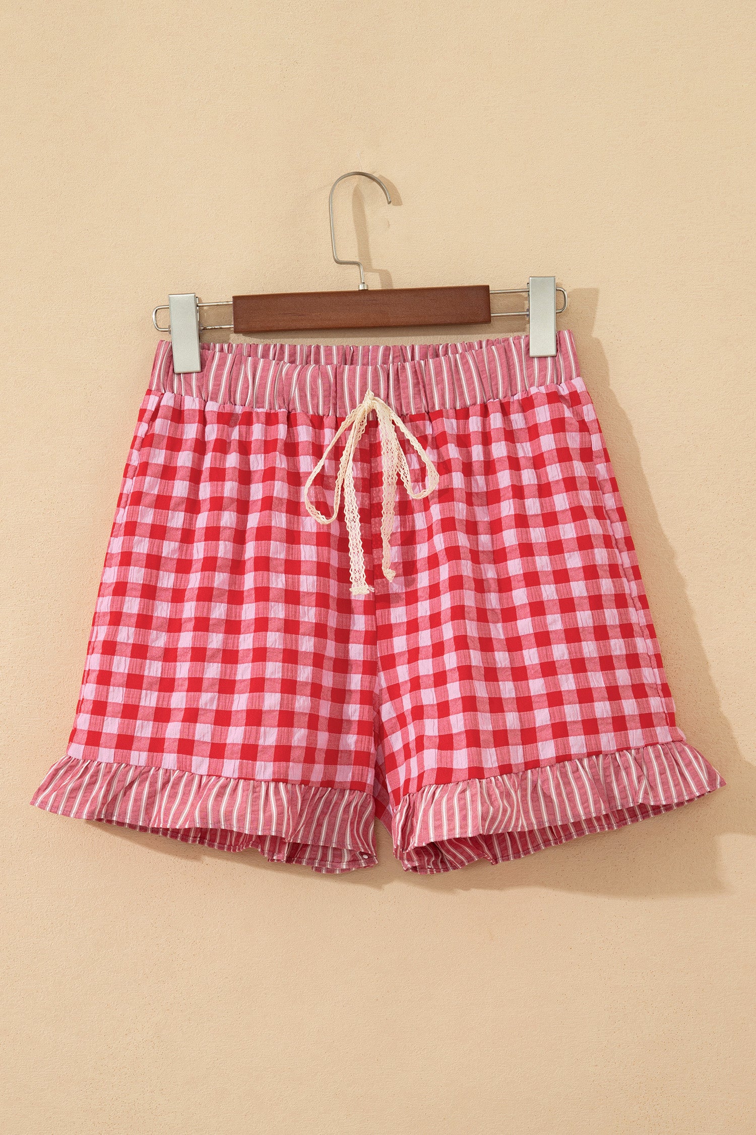 Red Gingham Print Ruffle Striped Detail Lace Tie Shorts
