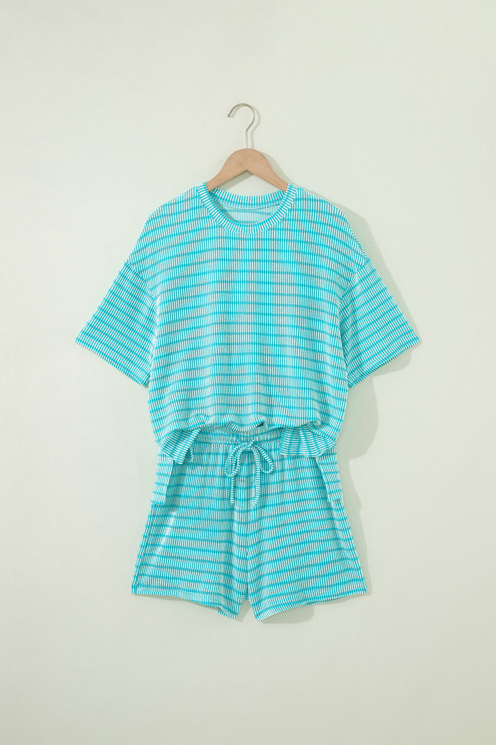 Sky Blue Stripe Raised Rib Loose Tee Drawstring Elastic Waist 2pcs Short Set