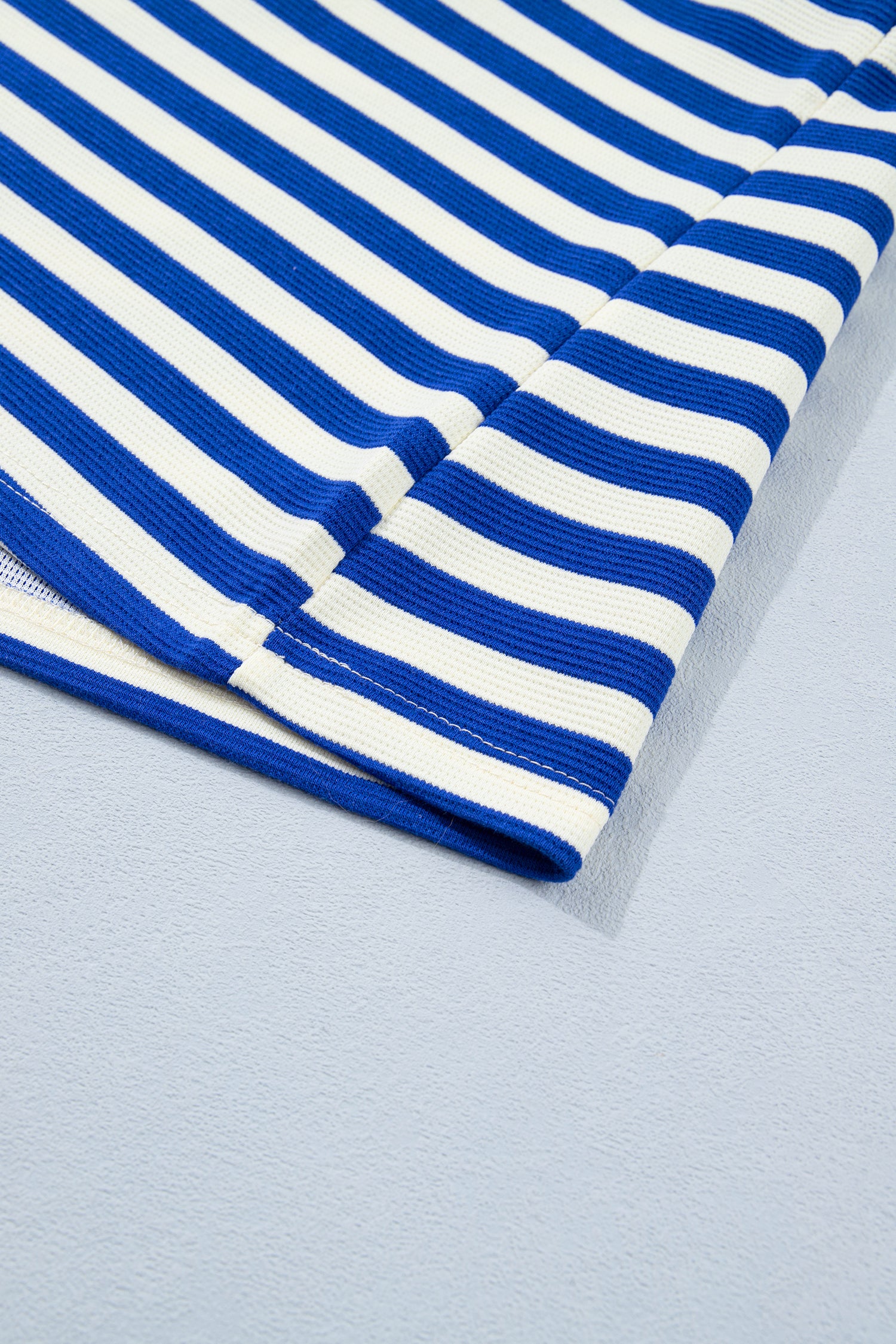 Blue Stripe Contrast Trim Polo Collar Ruffled Short Sleeve Blouse