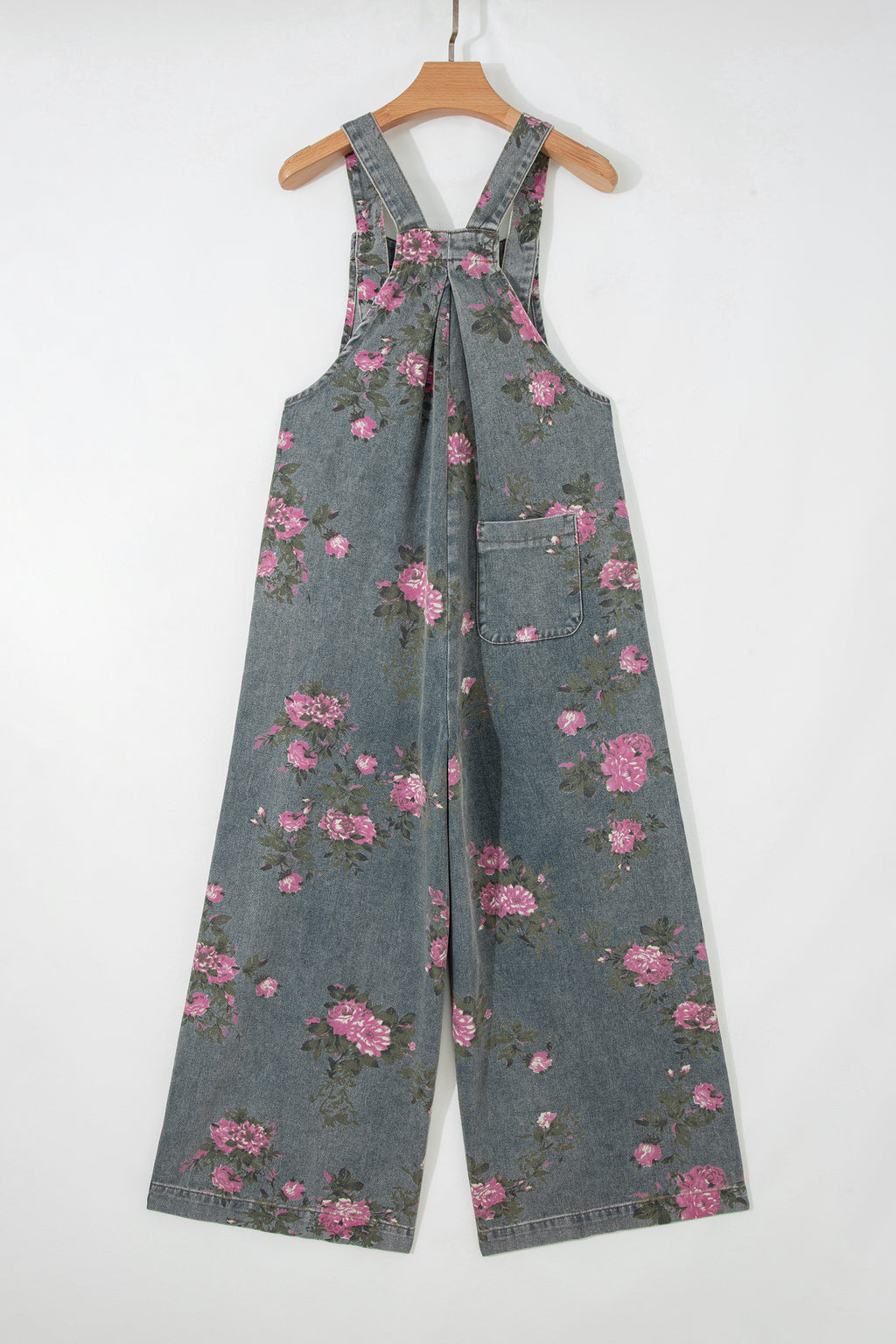 Gray Beau Floral Print Pleated High Waist Wide Leg Denim Jumpsuit