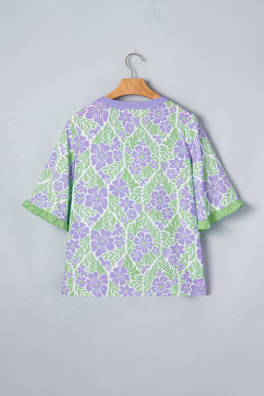 Purple Floral Print Ruffled Color Block Trim Half Sleeve Blouse
