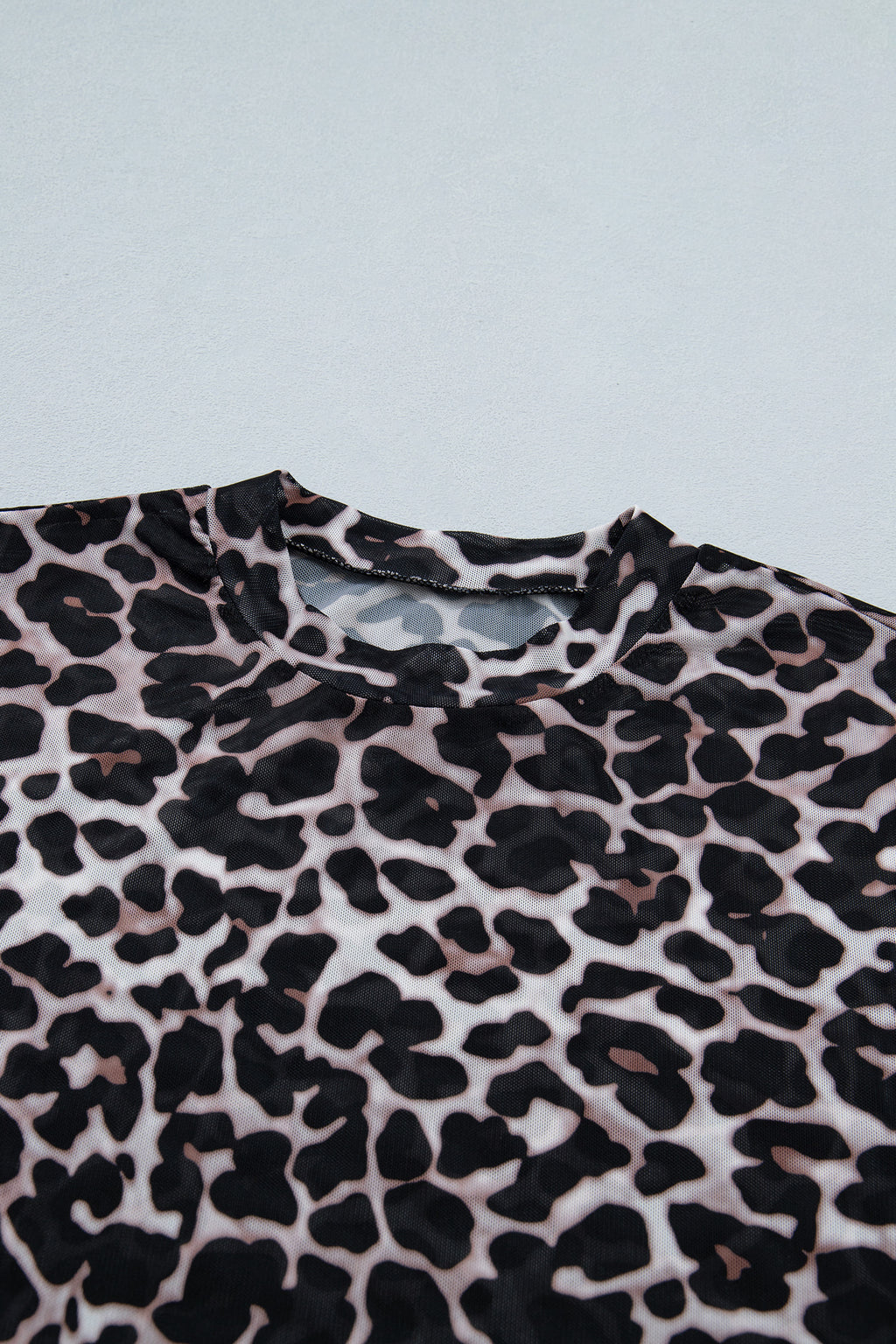 Khaki Leopard Print Sheer Mesh Short Sleeve Top