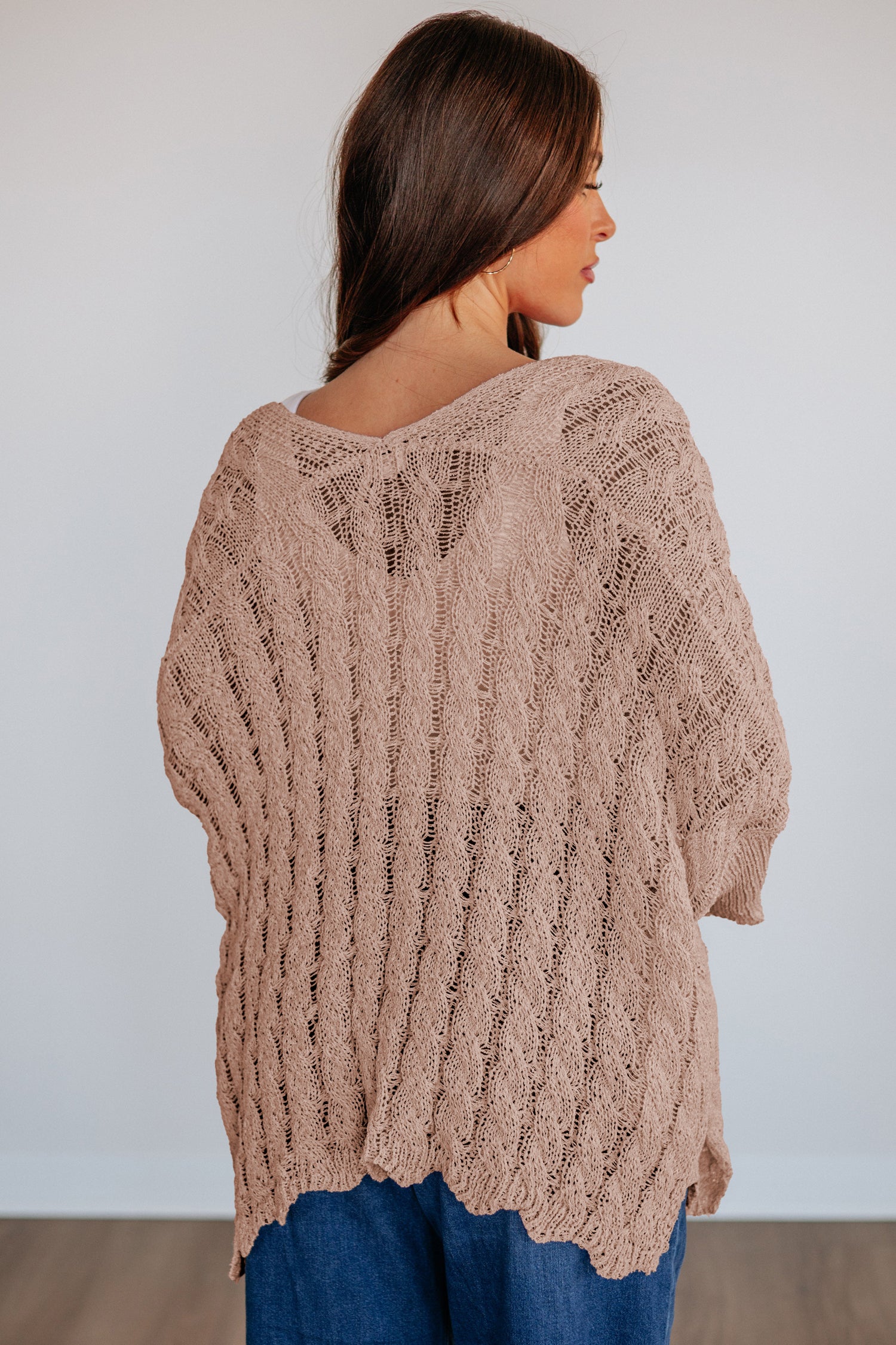 Pink Drop Shoulder Crochet Knit Open Front Cardigan