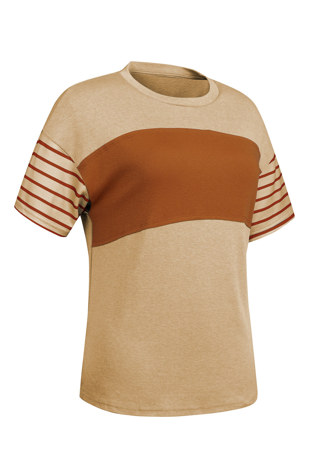 Tan Color Block Striped Detail Loose T Shirt