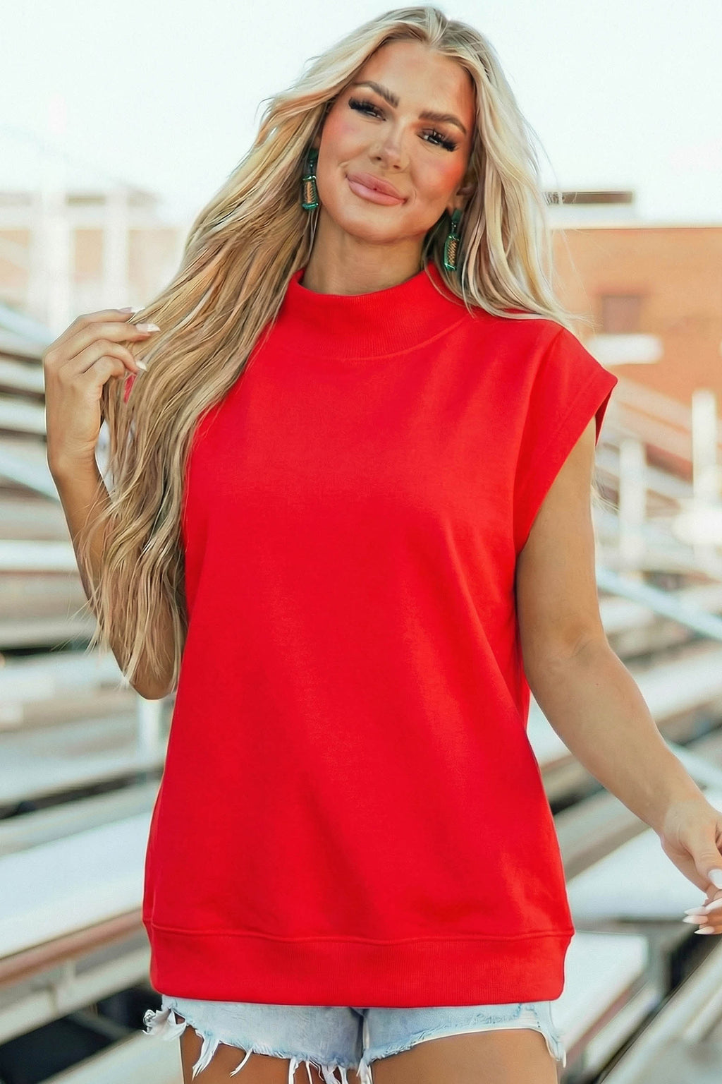 Racing Red Solid Color High Neck Cap Sleeve Loose Top