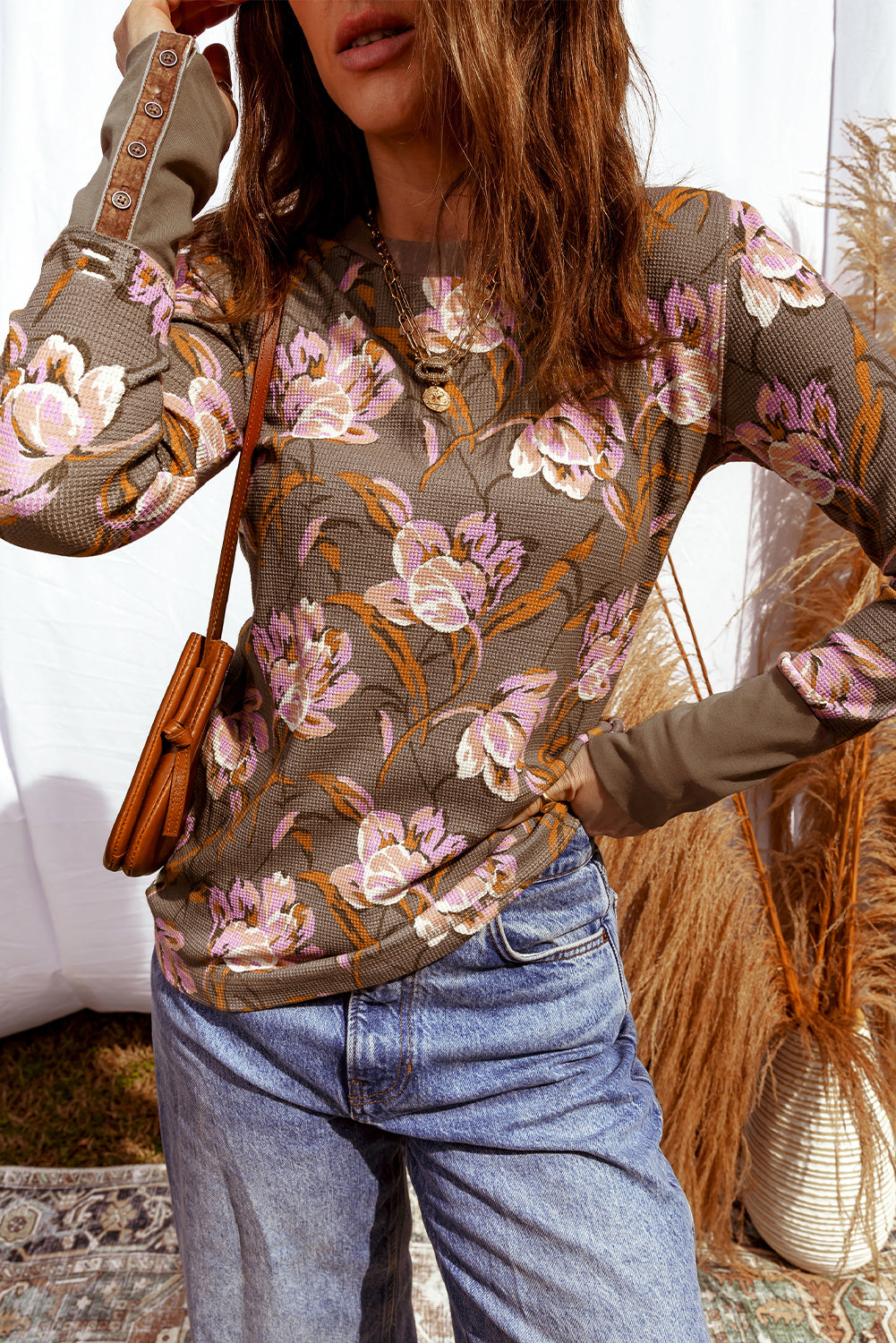 Brown Floral Print Waffle Textured Long Sleeve Top
