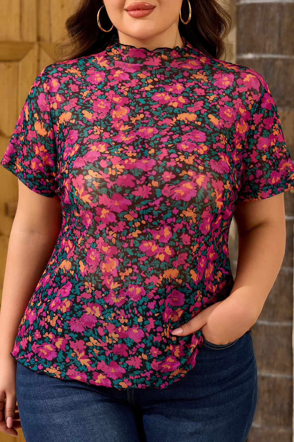 Rose Plus Size Floral Mesh Short Sleeve Top