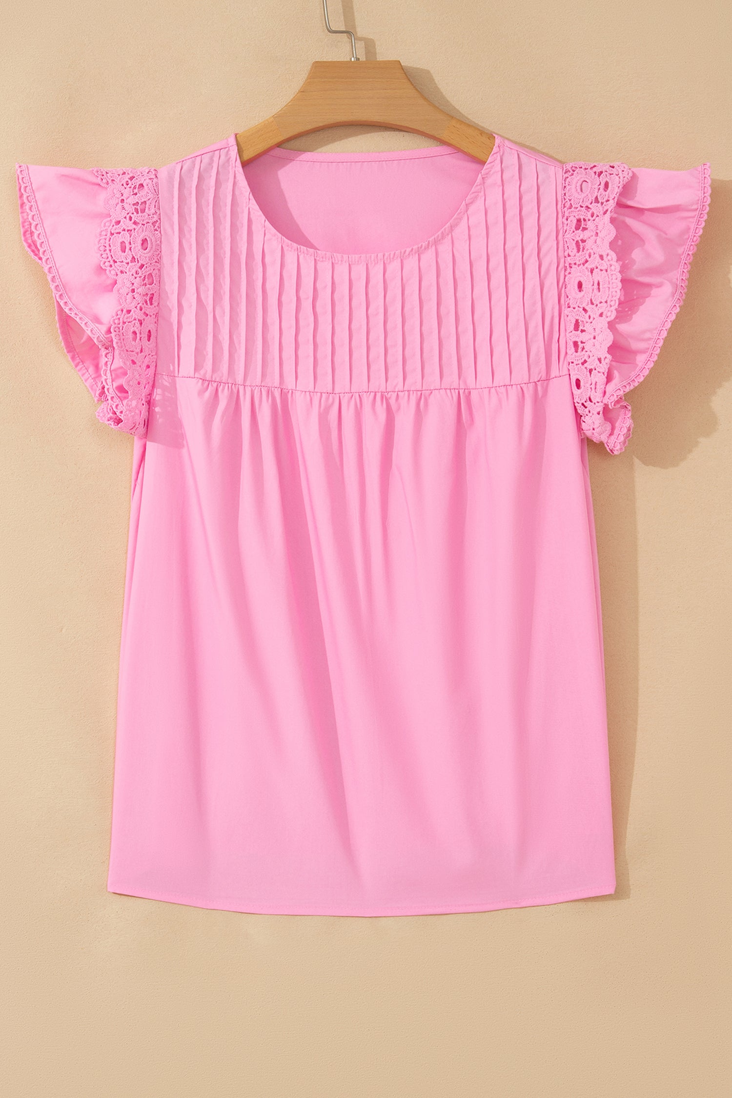 Bonbon Lace Detail Flutter Sleeve Pleated Round Neck Blouse