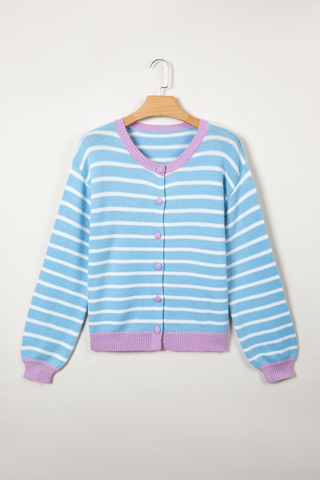 Sky Blue Stripe Striped Long Sleeve Round Neck Open Front Cardigan