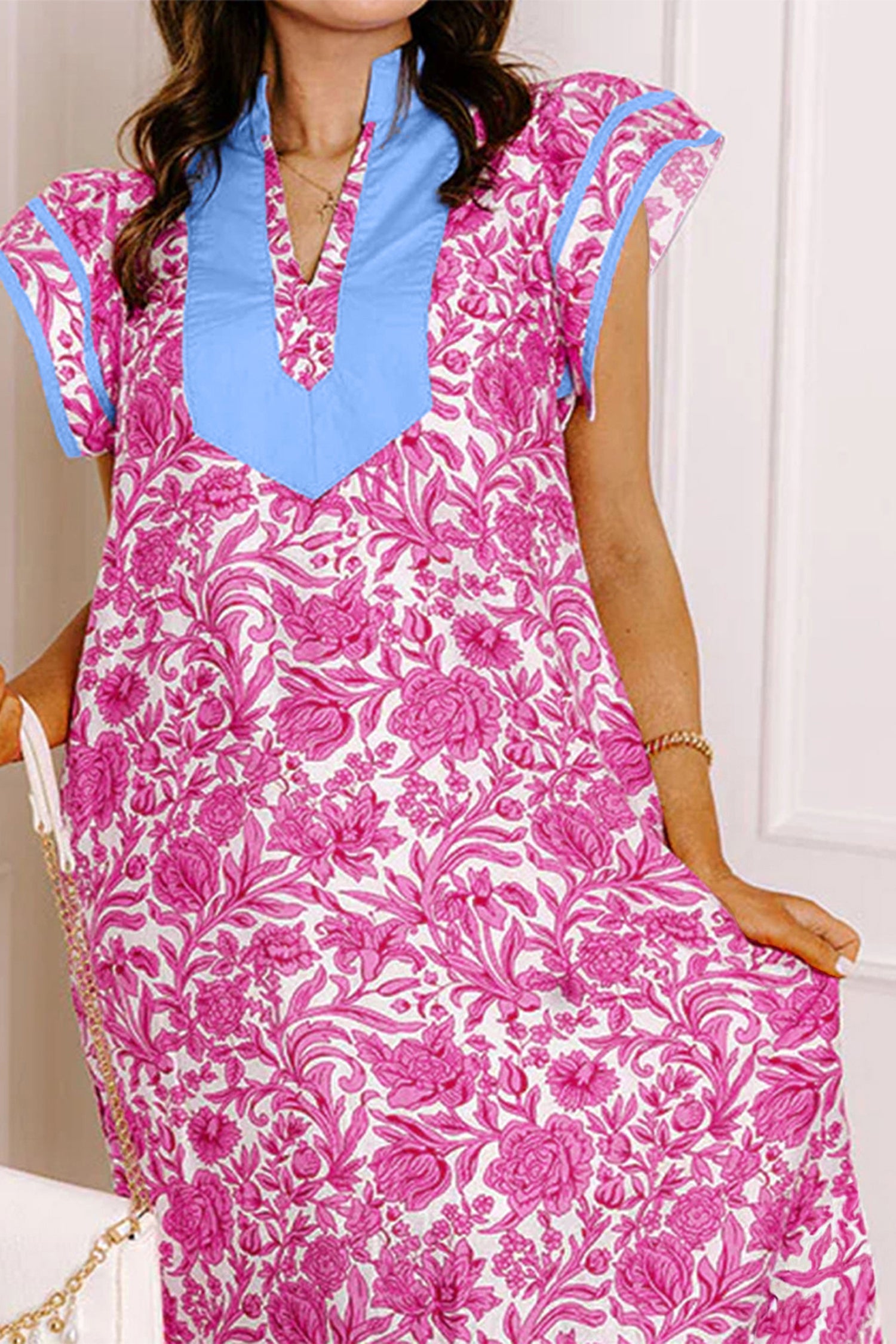 Pink Floral Print Color Block Patchwork V Neck Short Sleeve Midi Dress