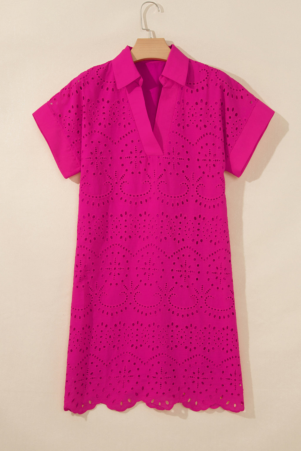 Rose Red Solid Color Eyelet Embroidered T Shirt Mini Dress
