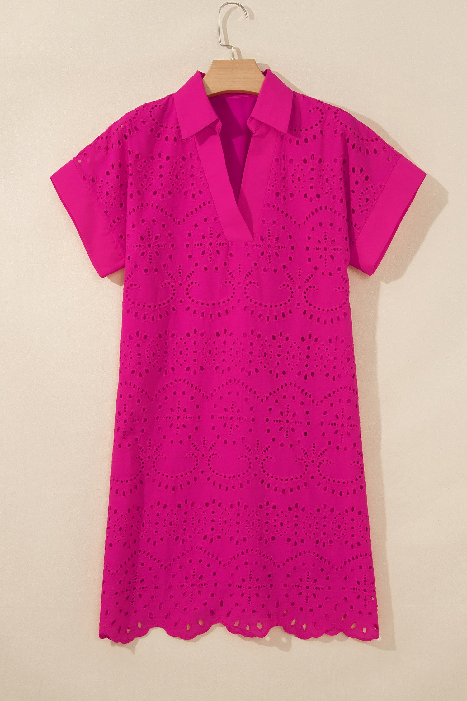 Rose Red Solid Color Eyelet Embroidered T Shirt Mini Dress