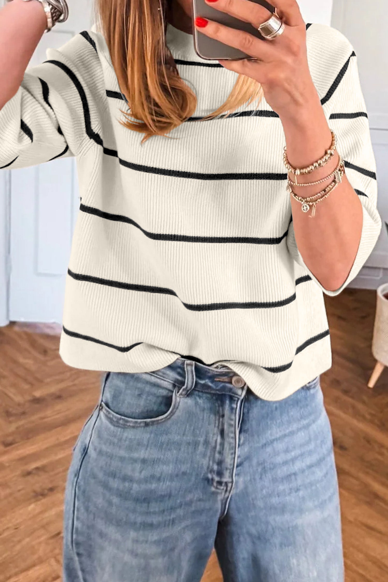 White Stripe Ribbed Knit Half Sleeve Loose Sweater Tee
