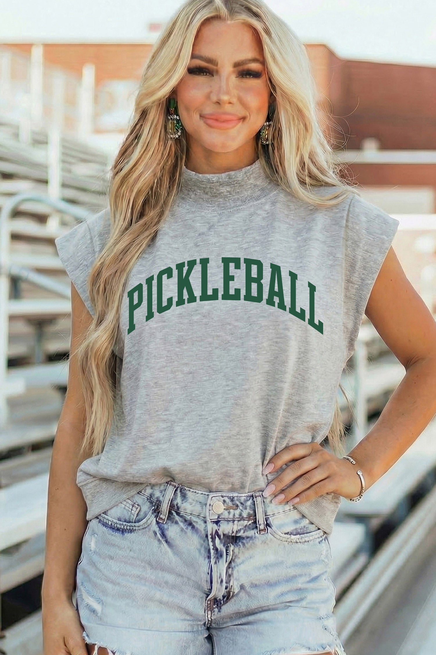 Light Grey PICKLEBALL Lettering Mock Neck Short Sleeve Top