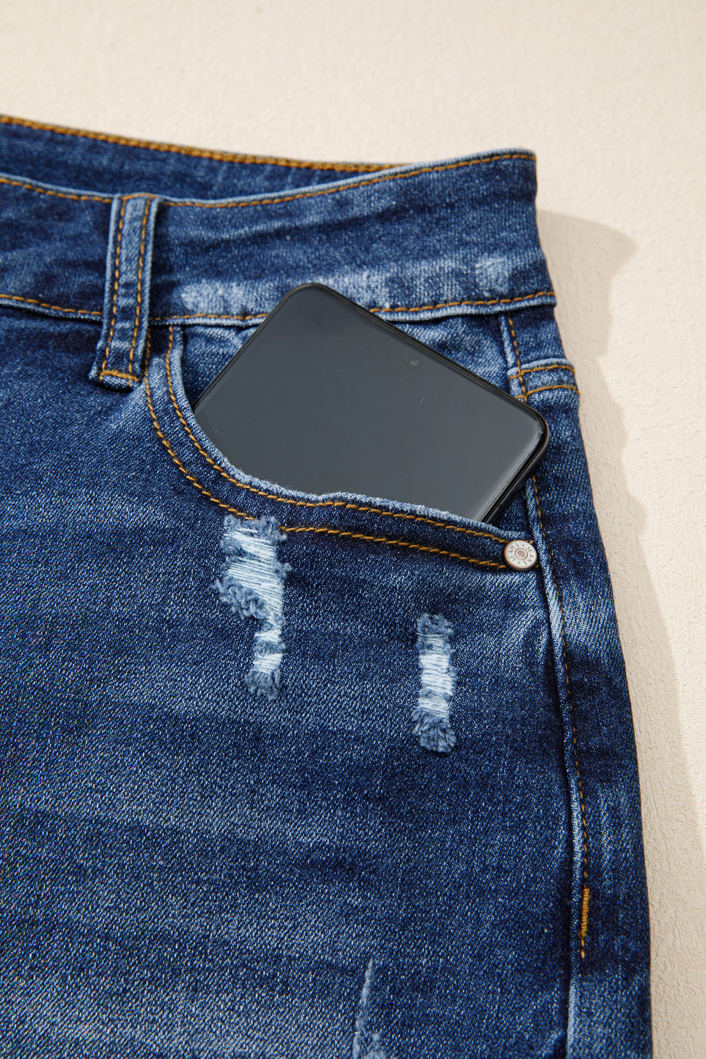 Sail Blue Asymmetric Raw Hem Distressed Whiskery Denim Shorts