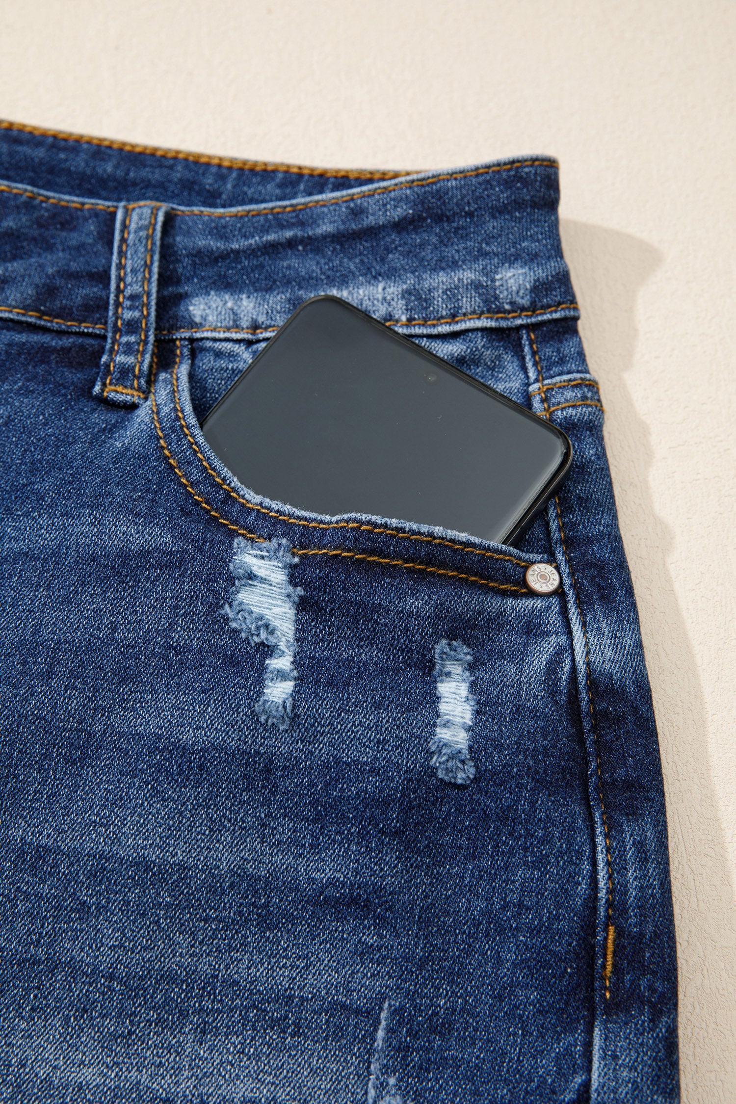Sail Blue Asymmetric Raw Hem Distressed Whiskery Denim Shorts