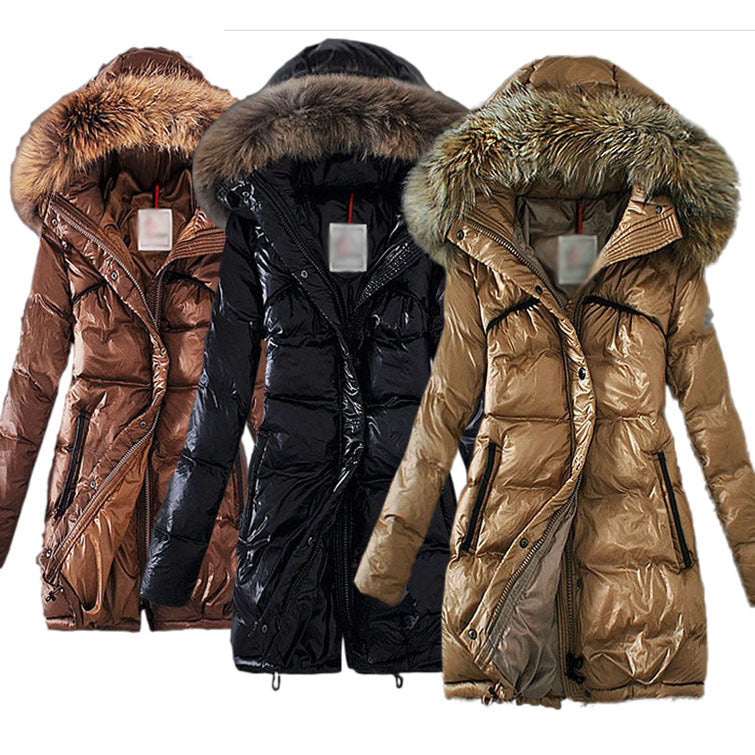 Imitation Raccoon Fur Collar Thick Plus Size Slim Down Padded Jacket Mid-Length