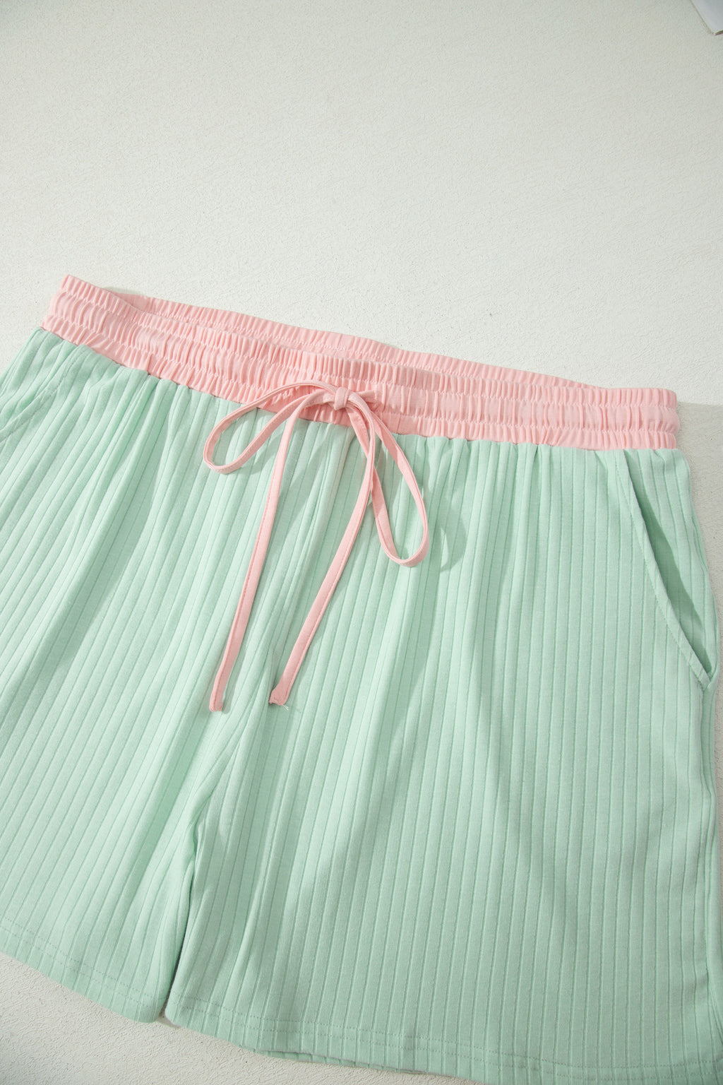 Clearly Aqua Plus Size Ribbed Color Block Trim Drawstring Shorts 2pcs Set