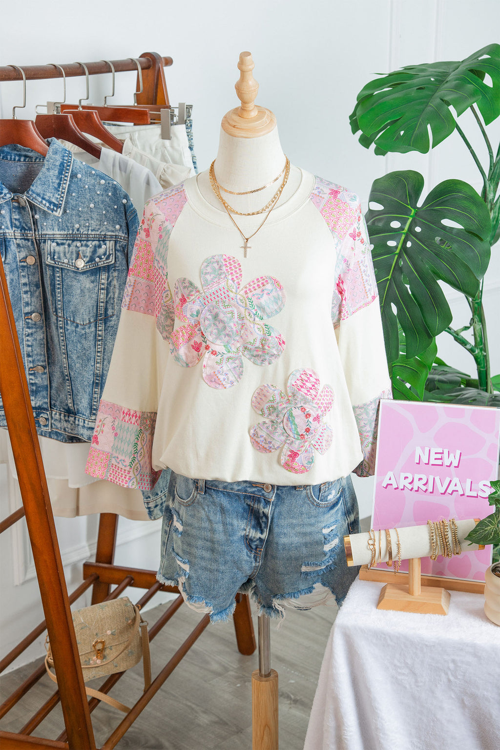 Beige Color Block Retro Floral Patchwork Long Sleeve Top