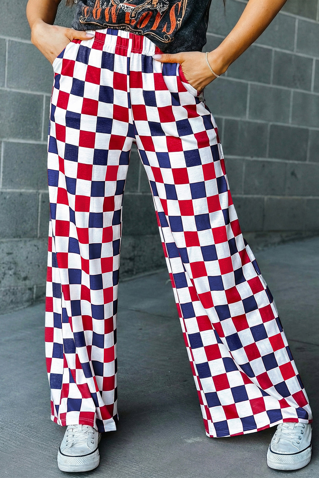 Red 2-Tone Checked Print High Waist Wide Leg Pants