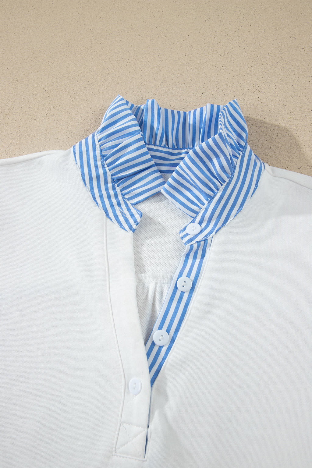 White Striped Frilled Collar Short Sleeve Blouse