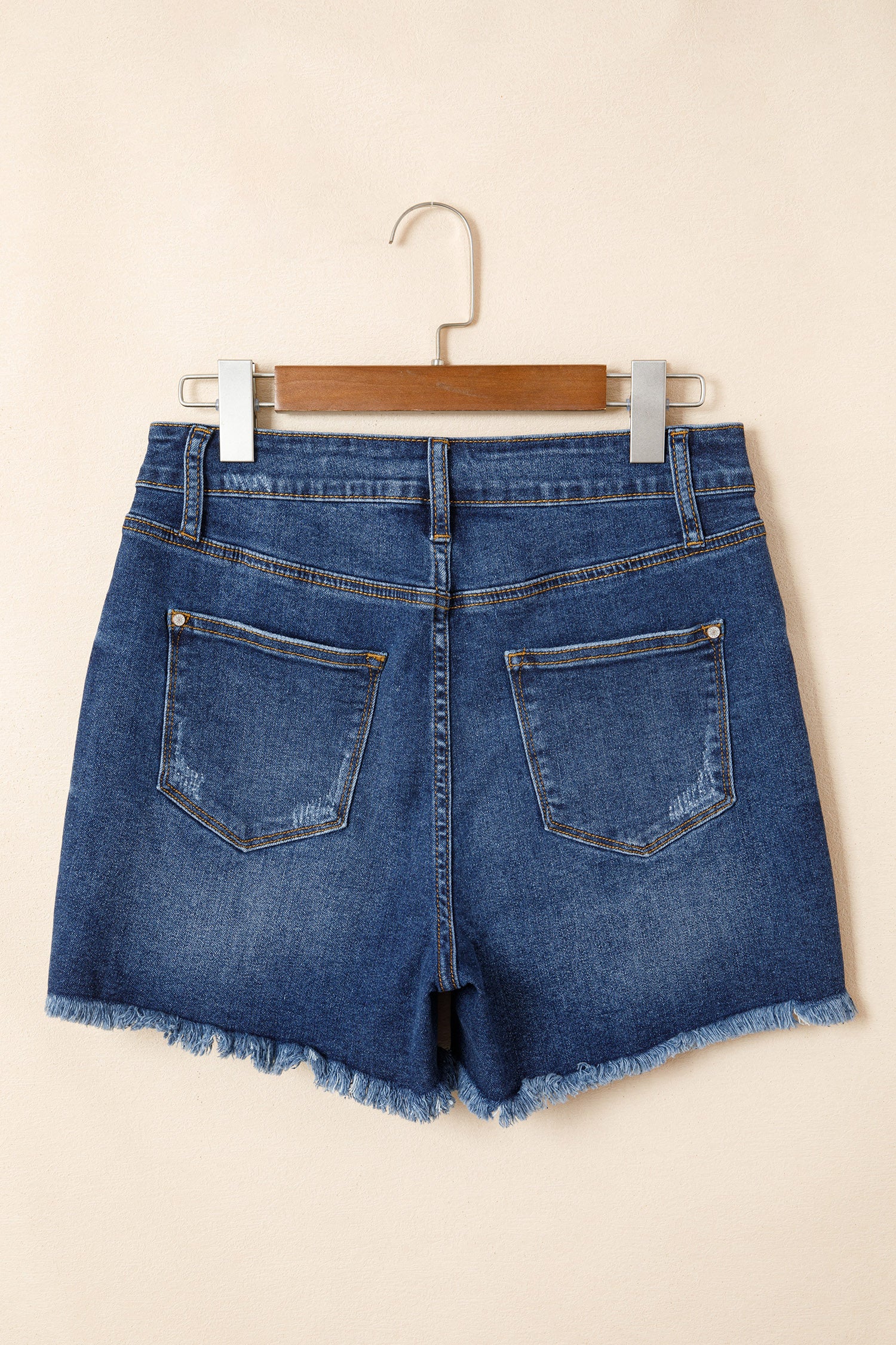 Sail Blue Asymmetric Raw Hem Distressed Whiskery Denim Shorts