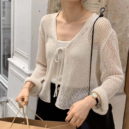 Pure Color Slimming V-neck Lace-up Hollow Knitted Cardigan