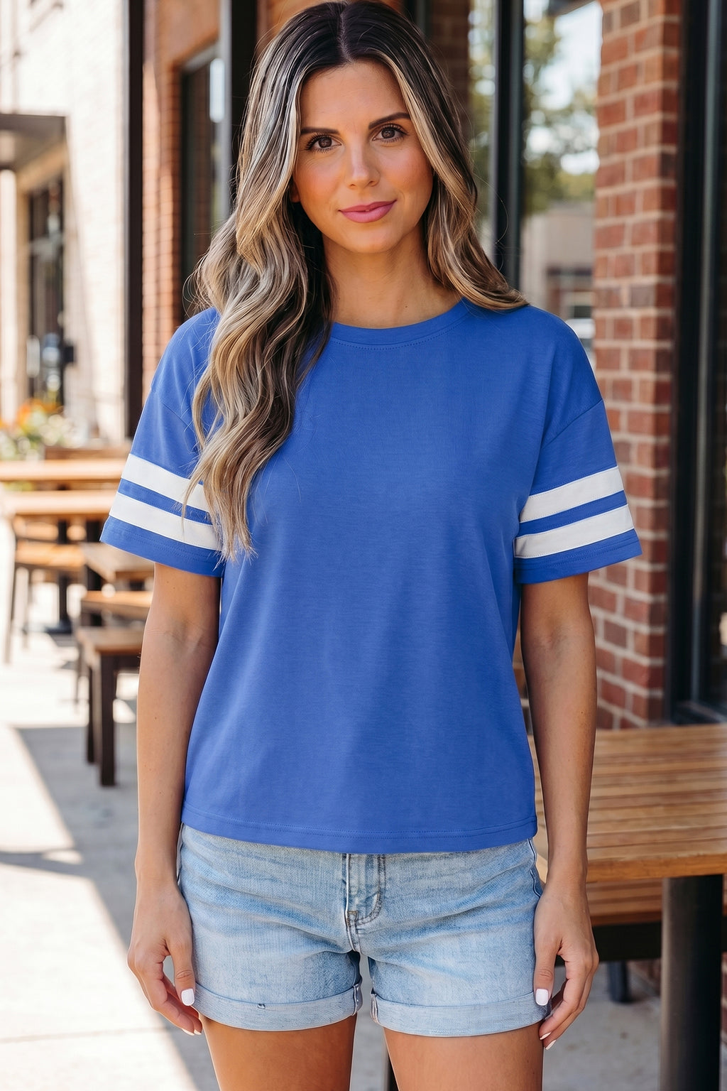 Dark Blue Varsity Striped Short Sleeve Crew Neck T Shirt
