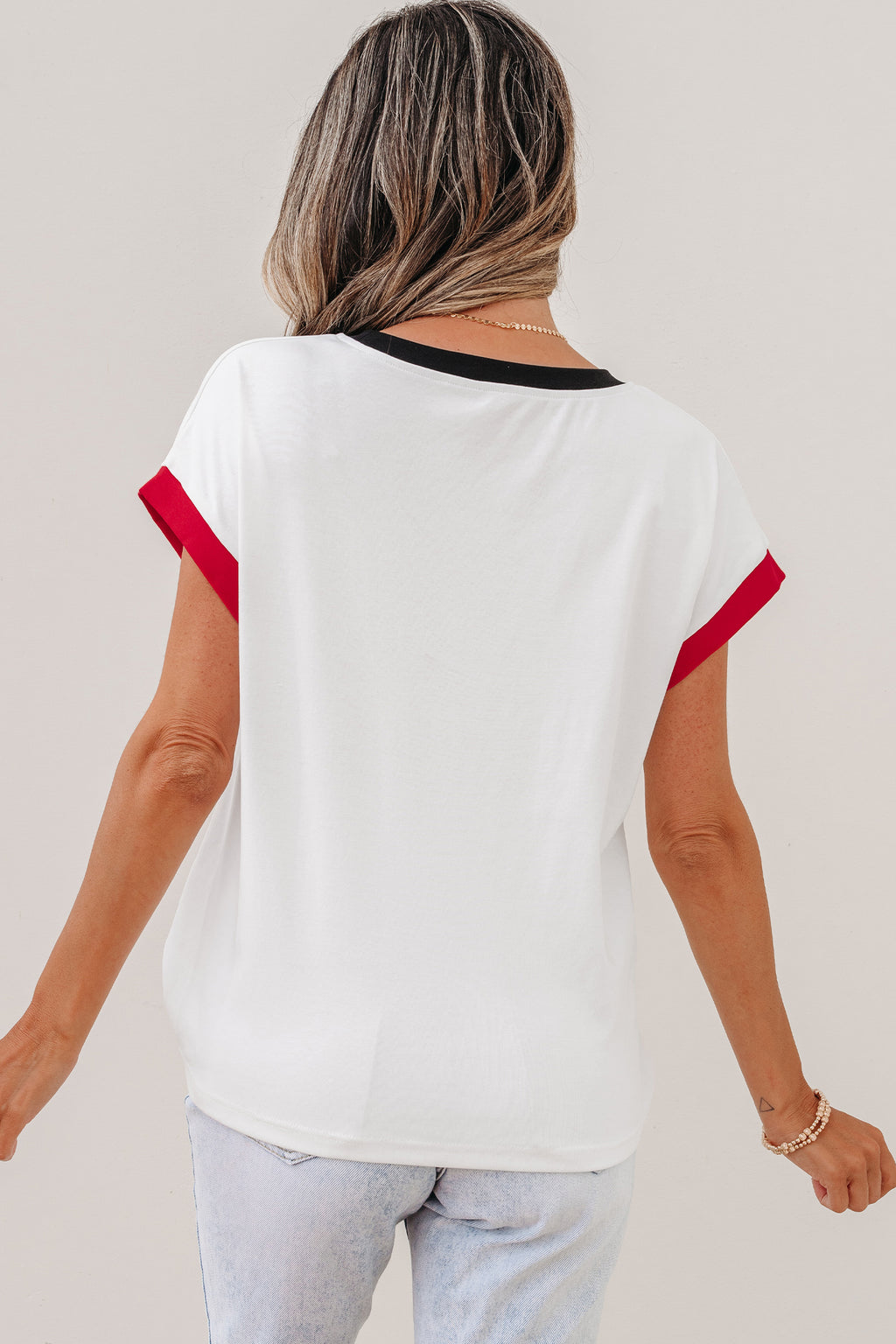 White USA Sequin Color Block Trim Loose T Shirt