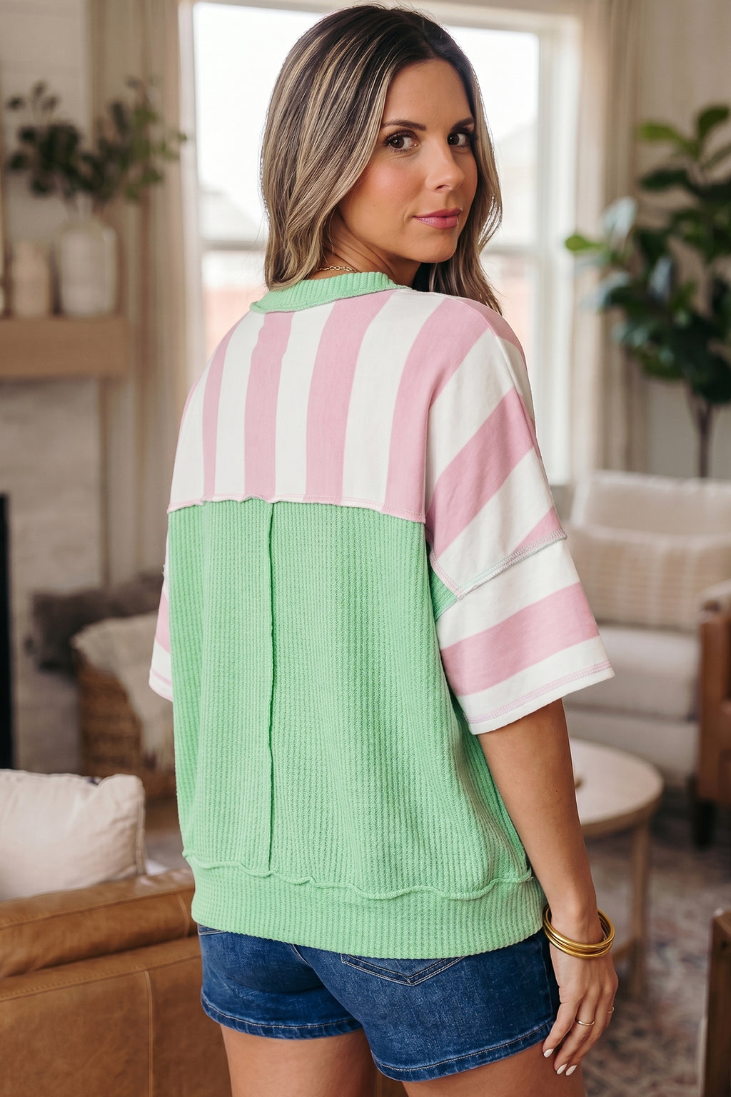 Pink Stripe Exposed Seam Ribbed Patchwork Oversized Tee
