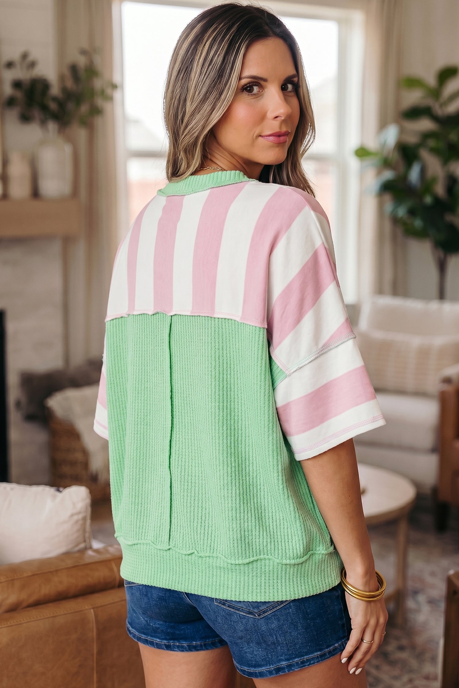 Pink Stripe Exposed Seam Ribbed Patchwork Oversized Tee
