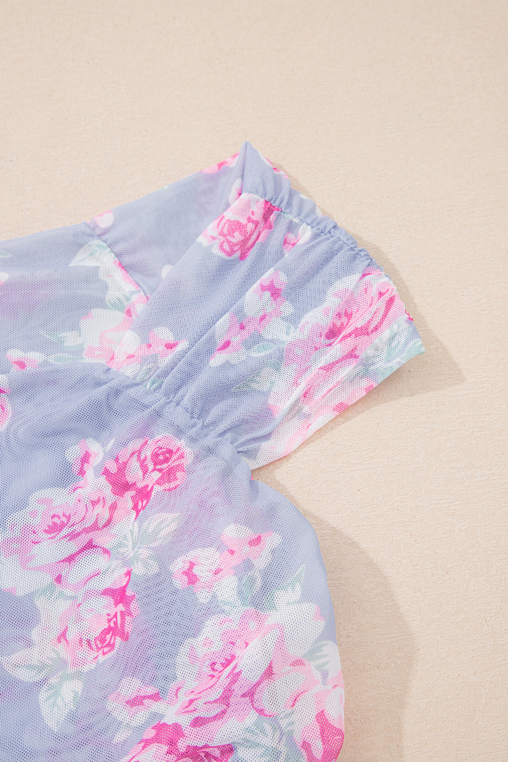 Sky Blue Square Neck Cap Sleeve Ruched Floral Mesh Top