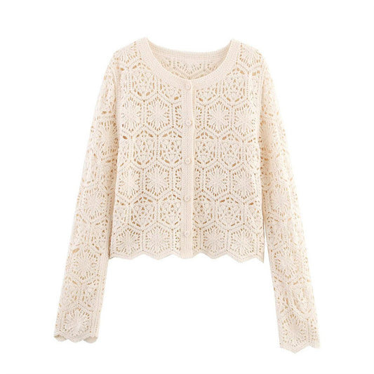 European And American Style French Style New Round Neck Long Sleeve Hollow Wave Hem Knitted Cardigan