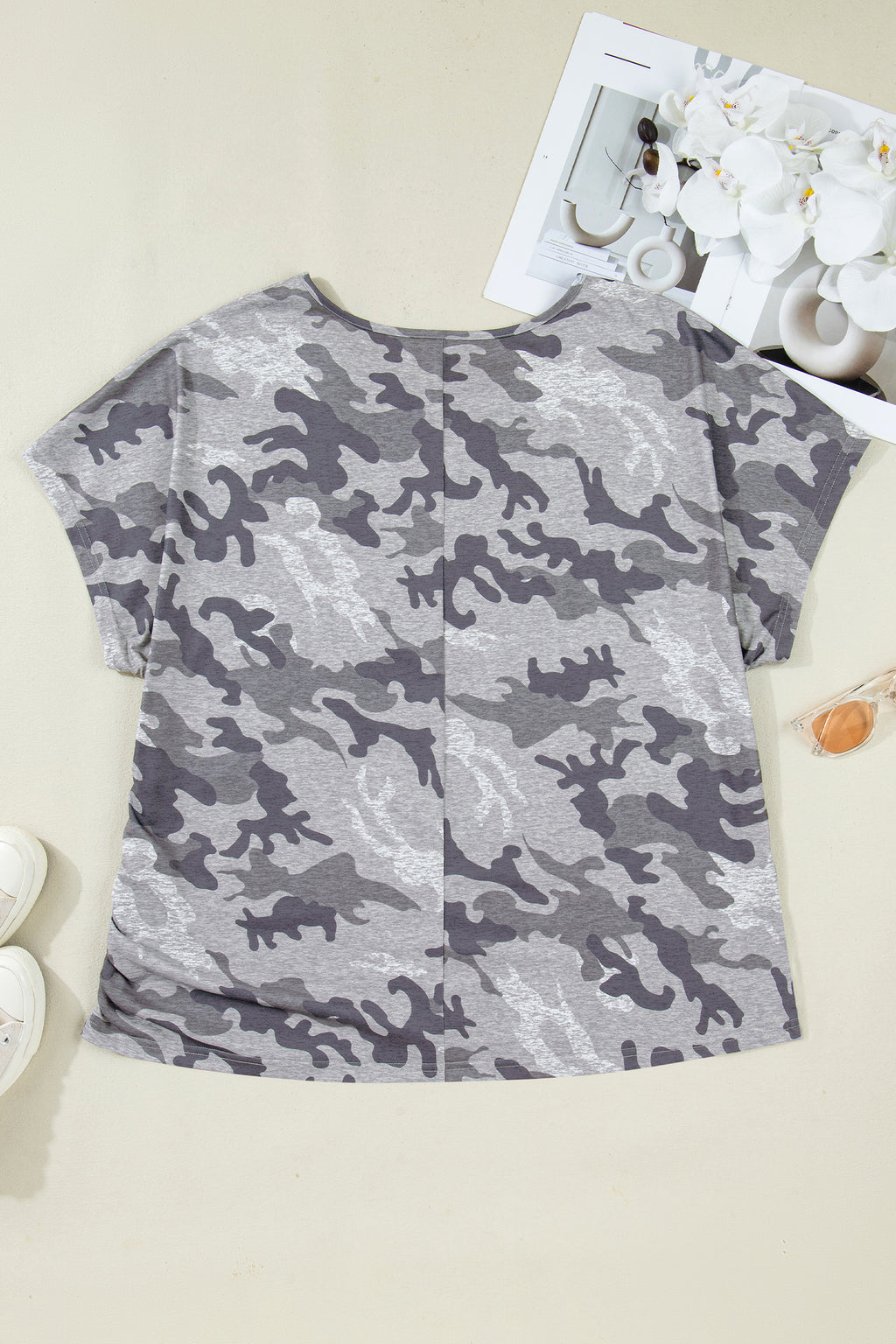 Gray Plus Size Camo Print Casual T Shirt