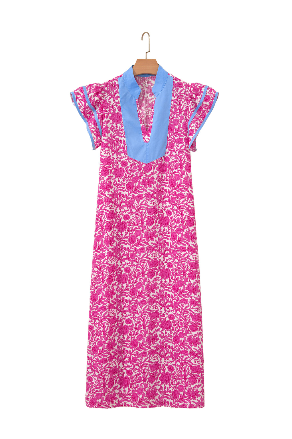 Pink Floral Print Color Block Patchwork V Neck Short Sleeve Midi Dress