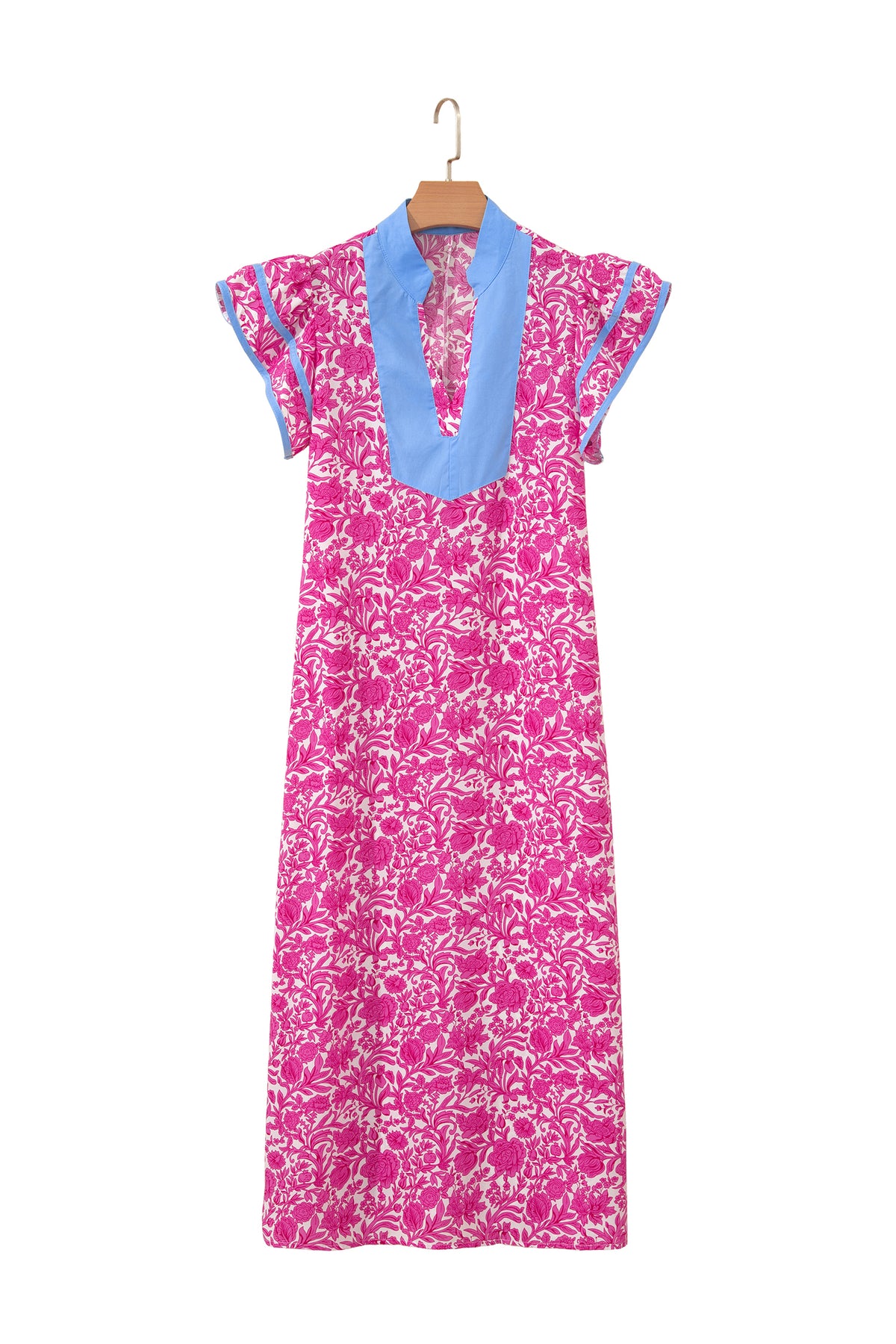 Pink Floral Print Color Block Patchwork V Neck Short Sleeve Midi Dress
