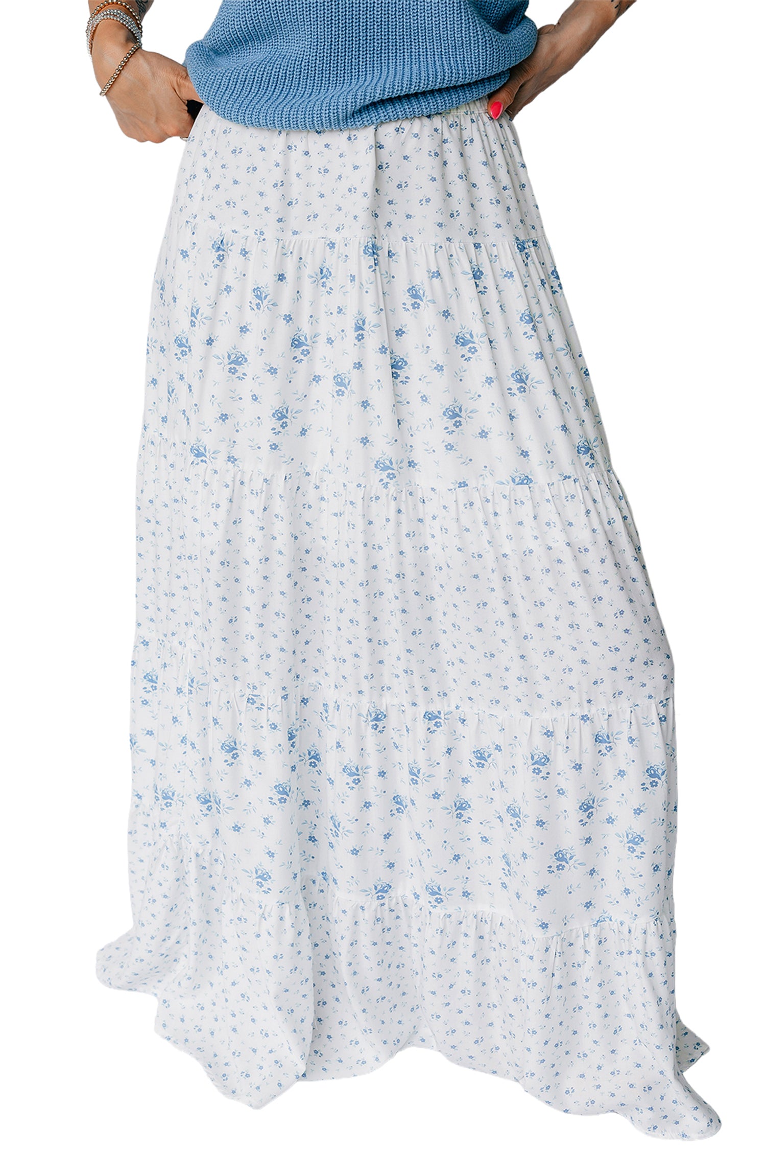 Sky Blue High Waist Tiny Floral Print Boho Maxi Skirt