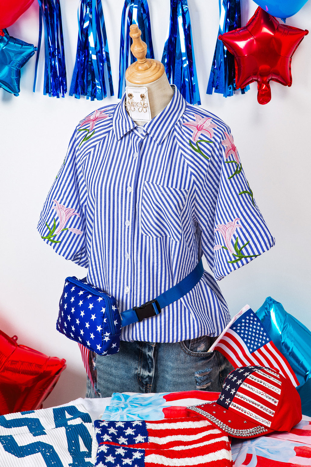 Sky Blue Stripe Lily Floral Embroidered Puff Sleeve Button Down Shirt