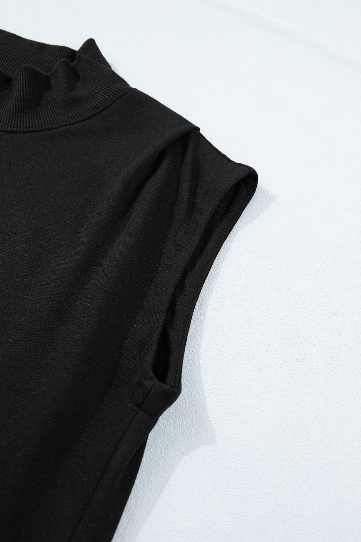 Black Solid Color High Neck Cap Sleeve Loose Top