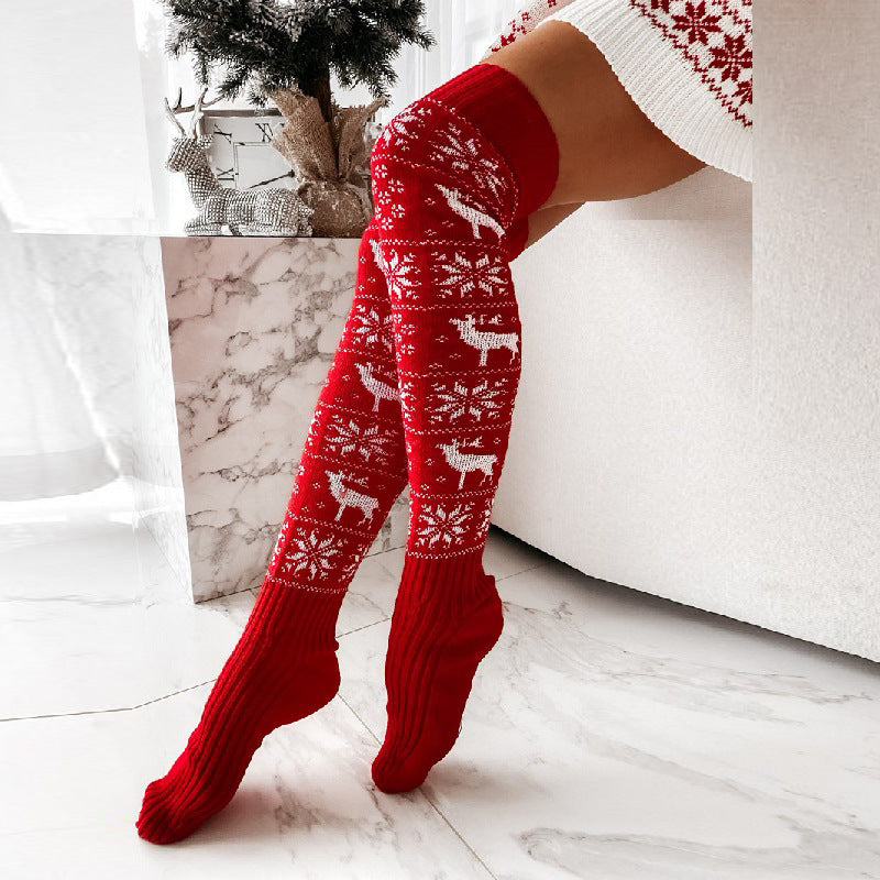 Winter Christmas Warm Knitted Beautiful Elk Snowflake Jacquard Over-the-Knee Casual Long Socks