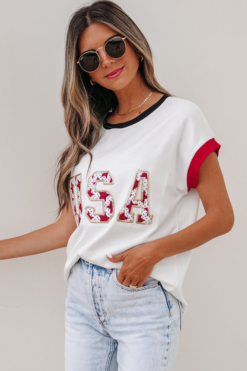 White USA Sequin Color Block Trim Loose T Shirt