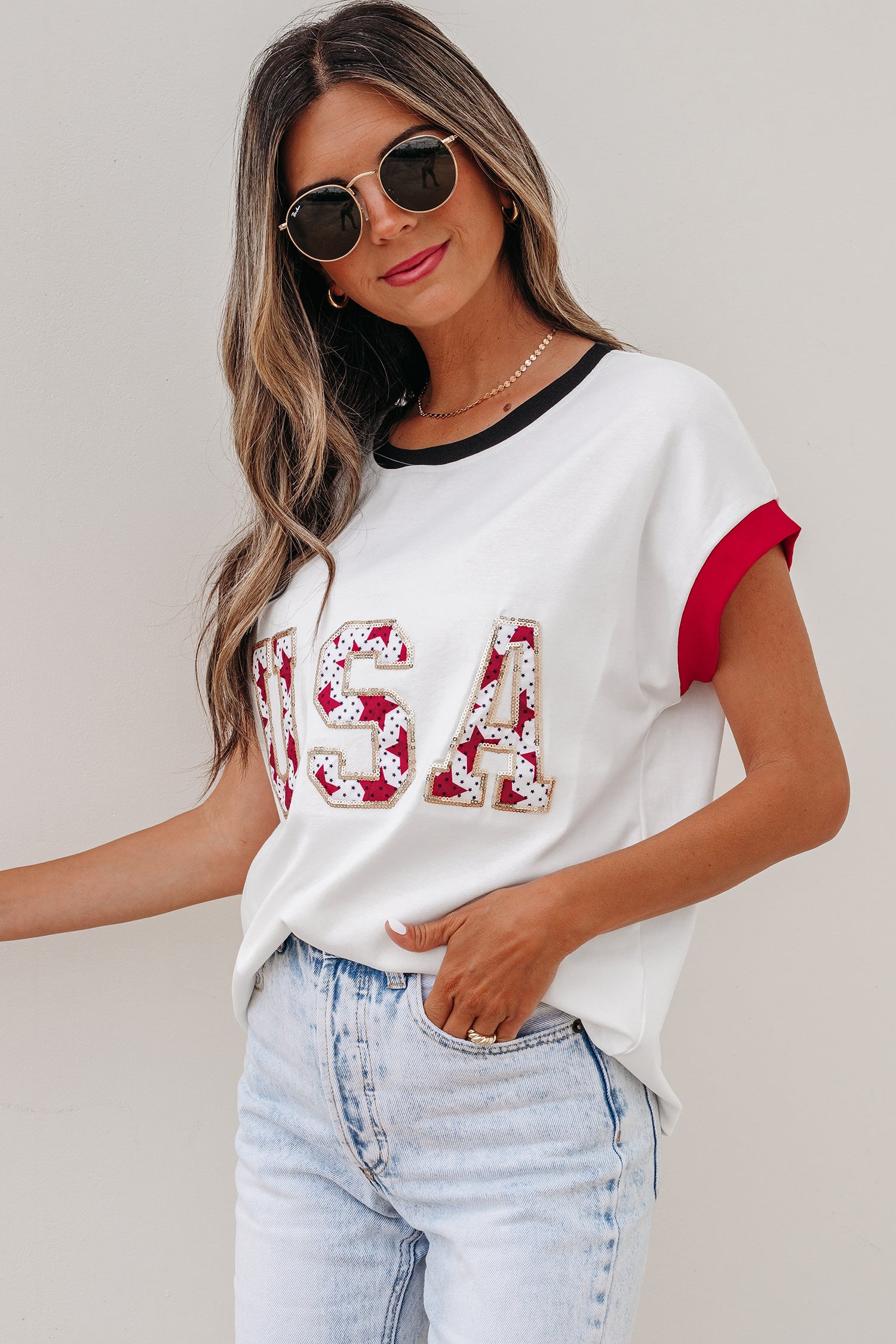 White USA Sequin Color Block Trim Loose T Shirt