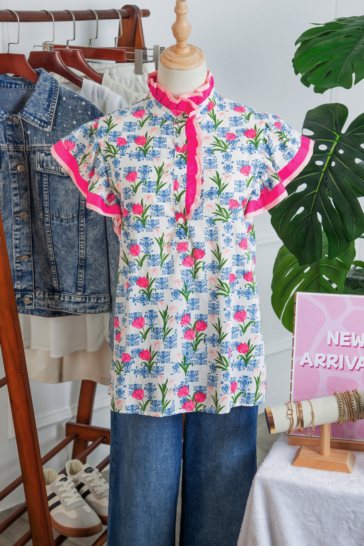 Rose Floral Print Color Block Striped Trim Flutter Sleeve Half Button Blouse