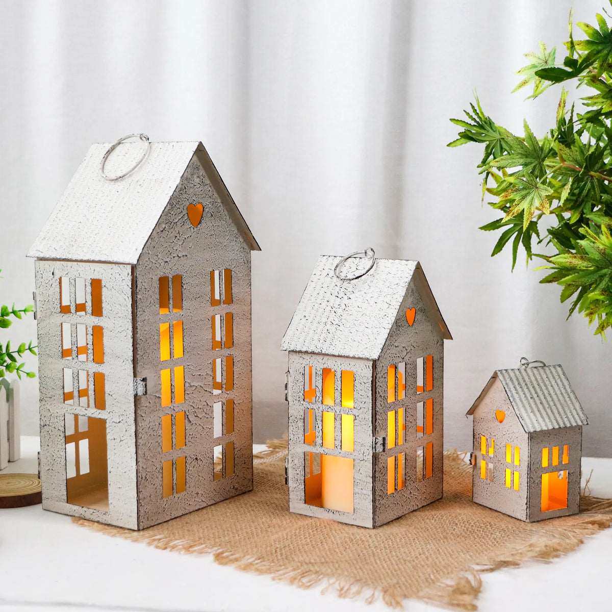 13.5"&9.5"&5.5"H Village Farmhouse House Candle Holders for Home Decor Patio Wedding