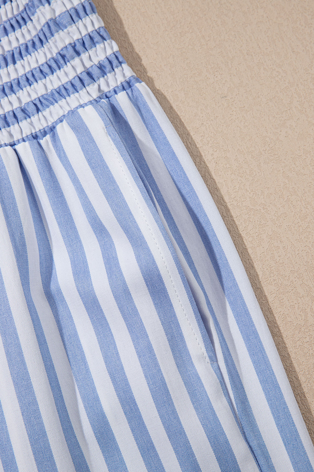 Sky Blue Stripe Shirred High Waist Loose Summer Pants